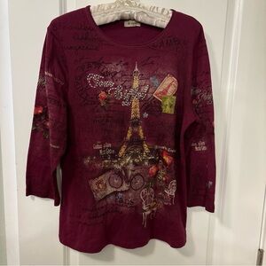 Vintage Cactus "Paris" Theme 3/4 Sleeve Embellished Cotton Knit Top-M-Wine Color